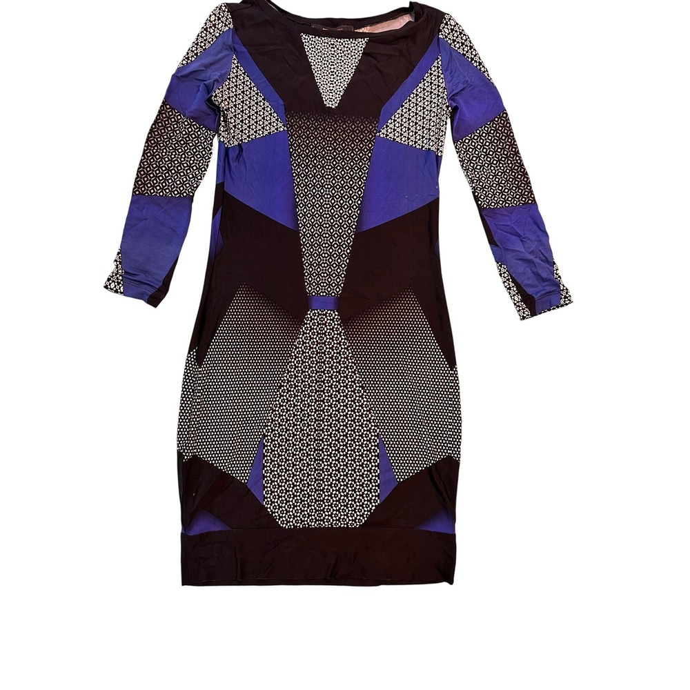 BCBGMAXAZRIA Geometric Print Sheath Dress Blue Black White XXS Long Sleeve